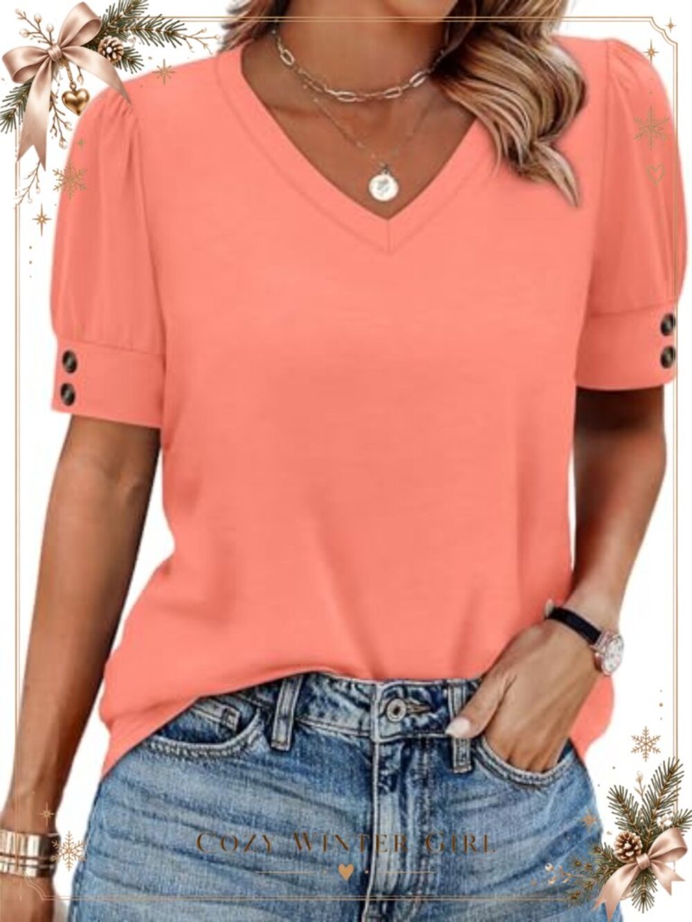 Womens Short Sleeve Button V Neck Puff Sleeve Top Dressy Casual Blouse
